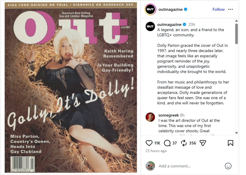 An instagram post of a magazine cover that says 'golly, it's dolly!' and shows a blonde woman lying on a haystack