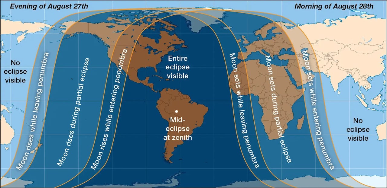 A map of Earth showing where the lunar eclipse on Aug. 27 and 28 will be visible.