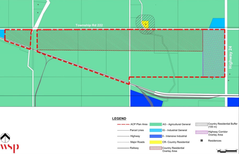 A green map with a red dotted line outlining the proposed area for the AI data centre development.