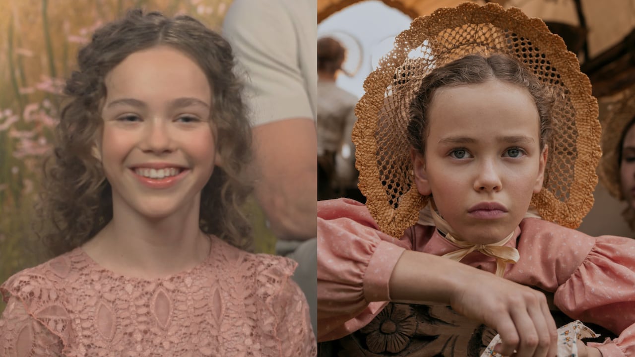 Composite of brunette girl smiling on the left. Same girl on the right, but not smiling. She is wearing a bonnet and pioneer-style dress.