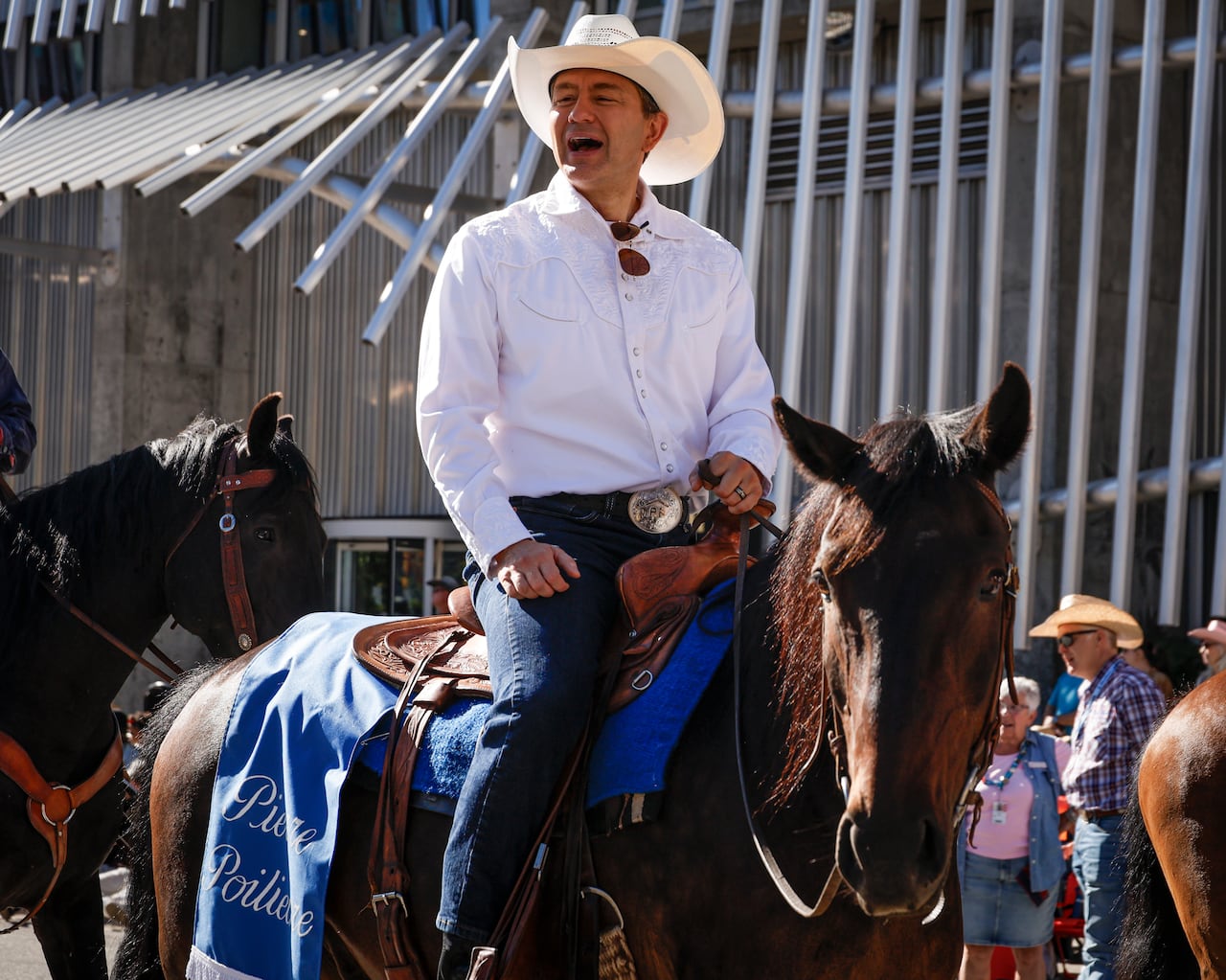 Pierre Poilievre on horseback at the Stampede.