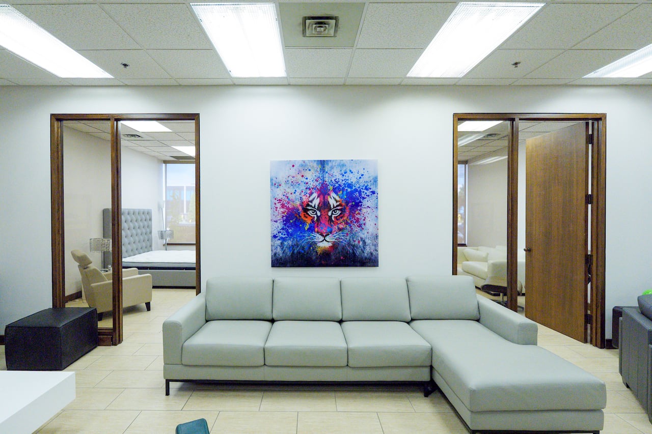 Furniture and wall hanging featuring a tiger in a showroom.
