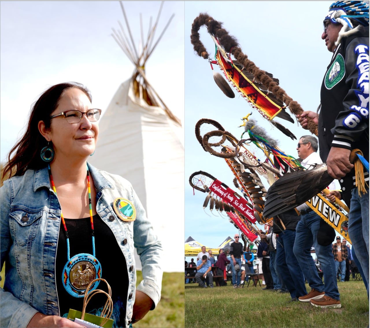 On the left, a  woman stands in front of a white tipi, while a different image on the left shows First Nations Chiefs marching in a line with traditional regalia.