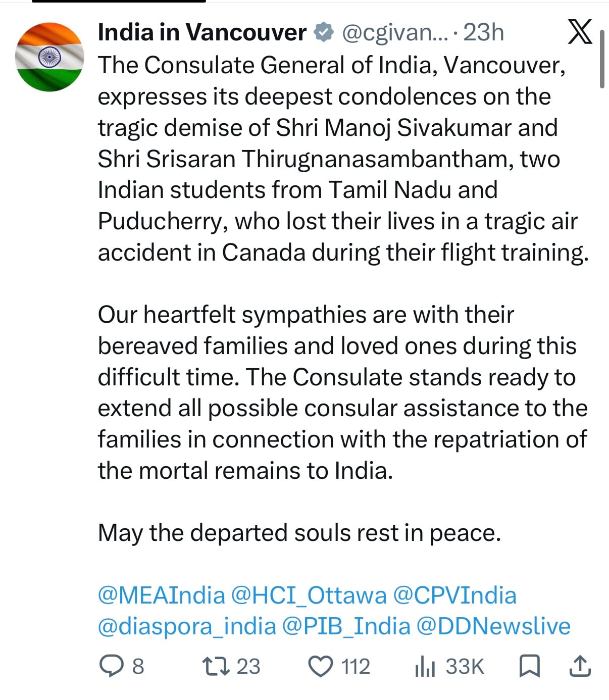Picture of an X post from Consulate General of India in Vancouver