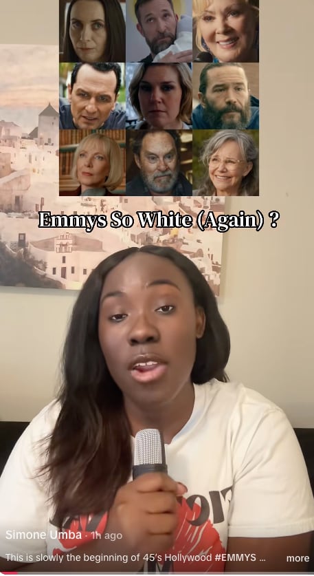 a screenshot of a TikTok video of a woman with the caption Emmys So White (again) above her there are photos of winners.