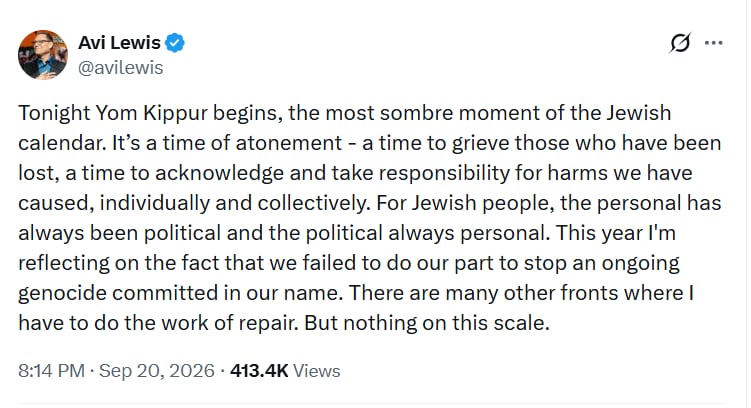 A social media post from NDP Leader Avi Lewis on X.