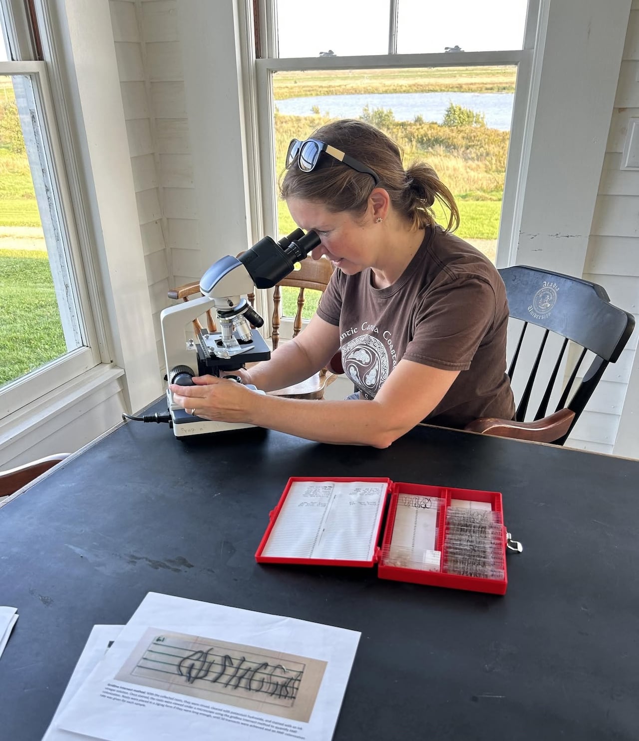 Woman peering into microscope in front of window with saltmarsh in background
