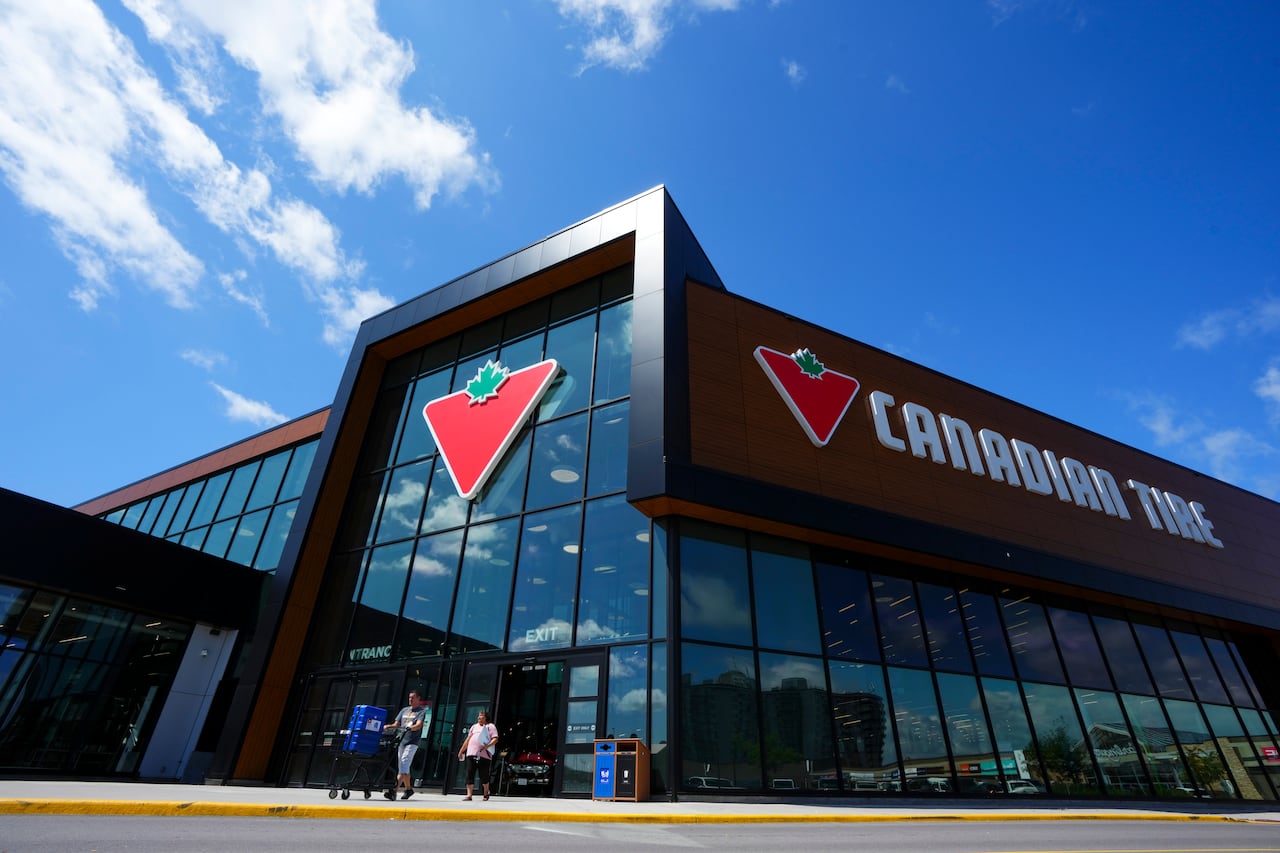 a canadian tire storefront is shown with customers walking in and out, against a blue sky