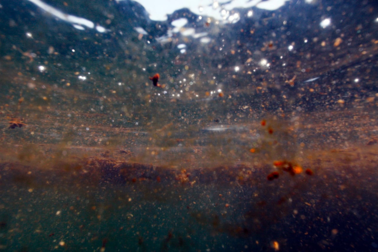Brown globs of oil sit suspended in a clear ocean as the sun filters from above.