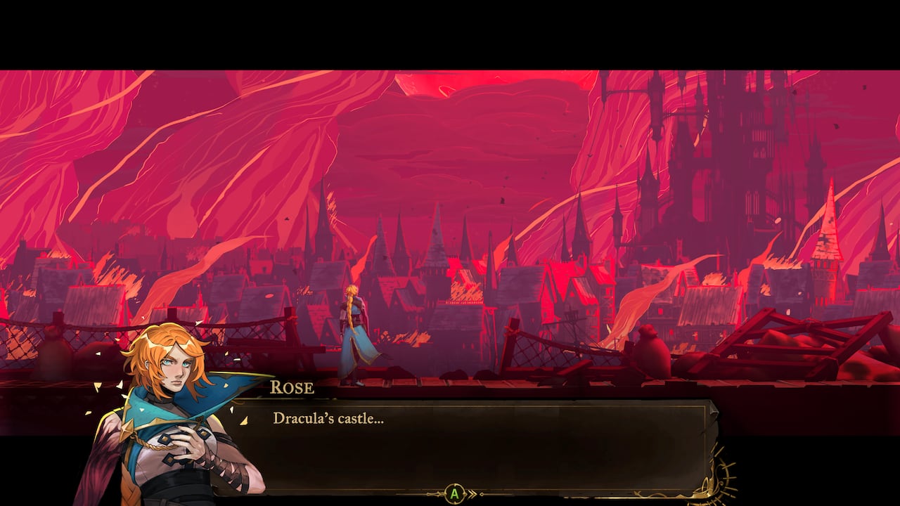 Video game screenshot of a castle towering over a 15th century town on fire.