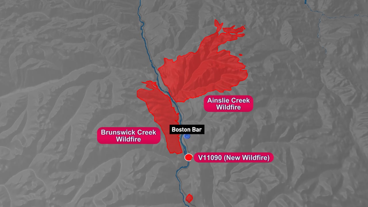 Map shows several wildfires burning around Boston Bar.