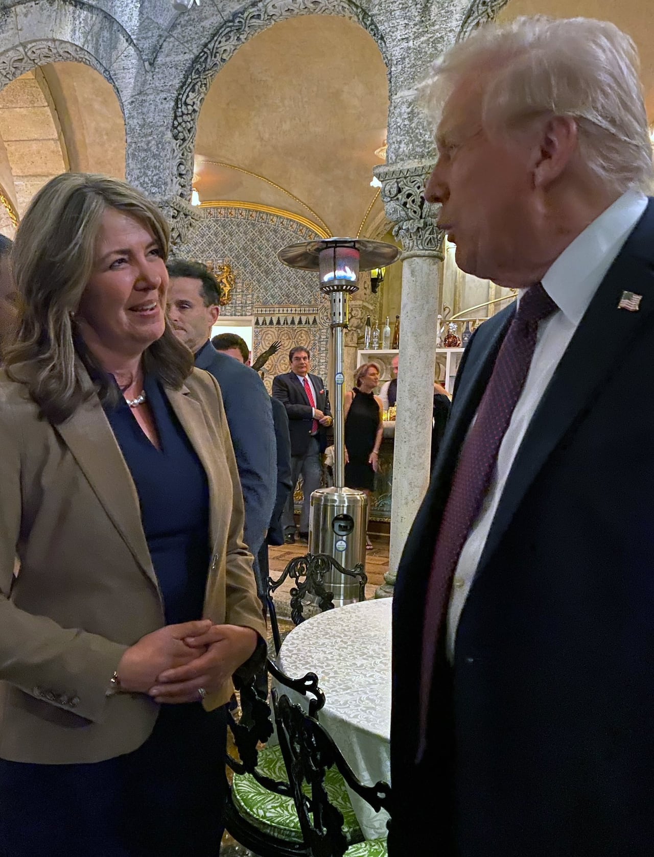 A woman and a man talk at a party 