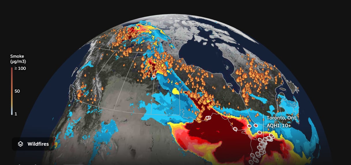 climate dashboard screenshot with lots of smoke and fires