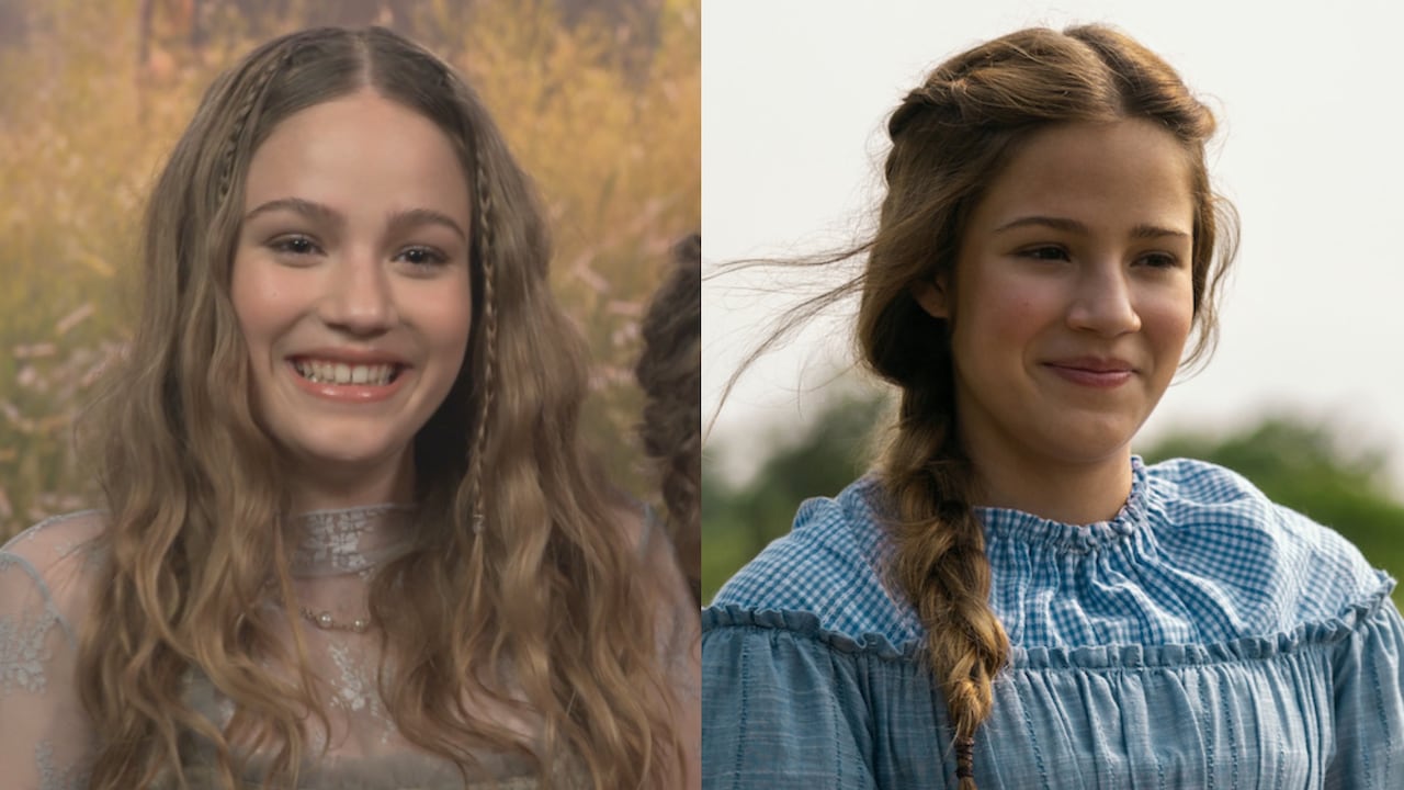 Smiling blonde girl with braid on the left and same girl on the right wearing a blue dress.