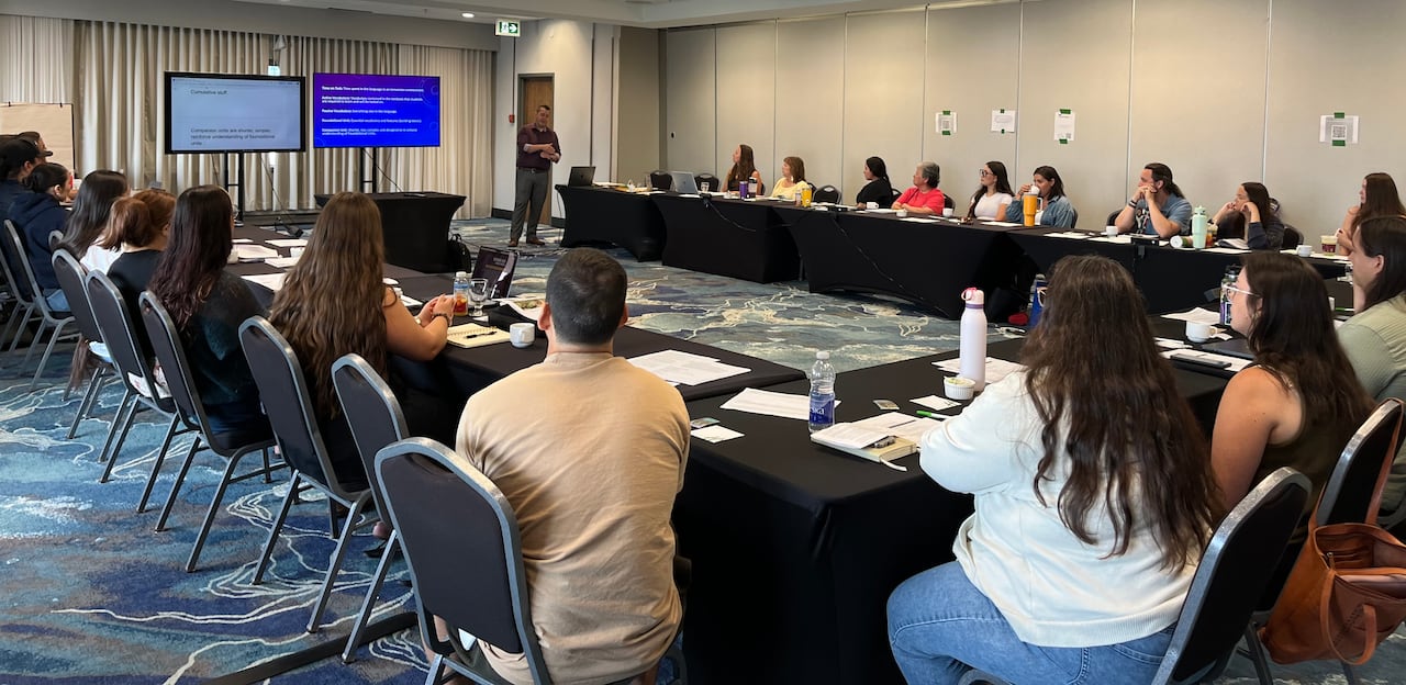 Man presents at the front of a room.