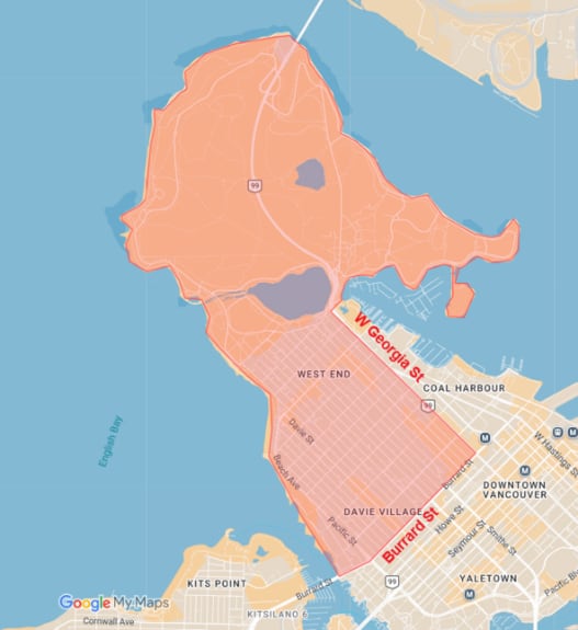 温哥华市中心部分区域（红色标记），包括斯坦利公园和西区多数地区。