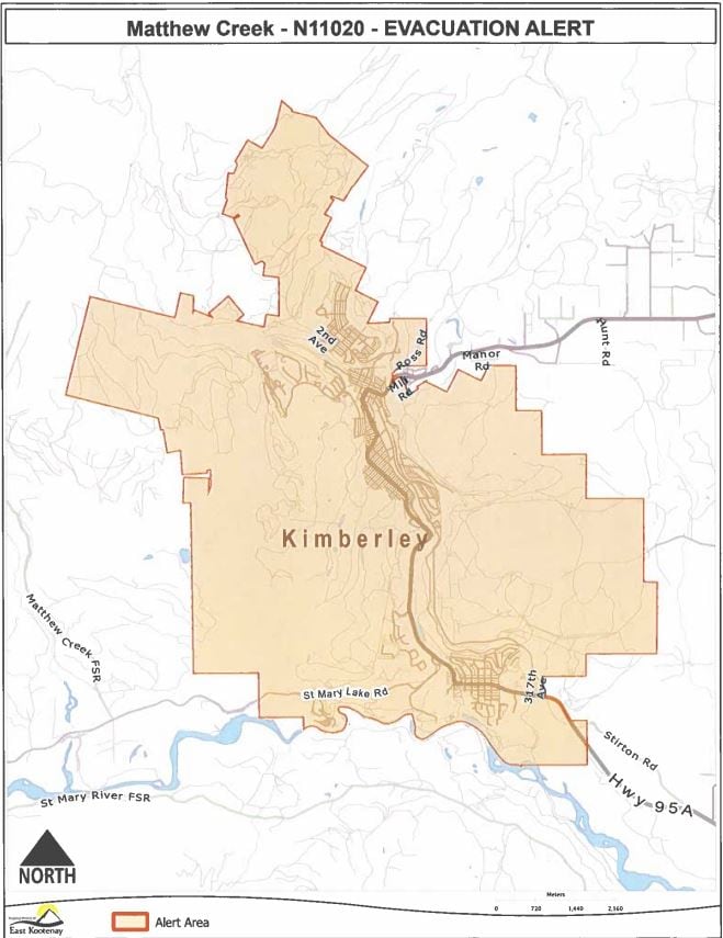 A map of Kimberley, B.C., shows the city’s municipal boundaries shaded to mark the evacuation alert area.