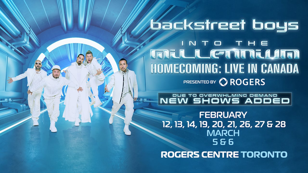 A blue poster shows five men dressed in white below lettering that reads "Backstreet Boys" and dates for their tours in Toronto listed in white lettering.