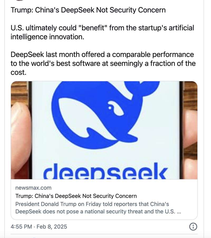 特朗普:中国DeepSeek不会威胁国安 美国将受益(图)