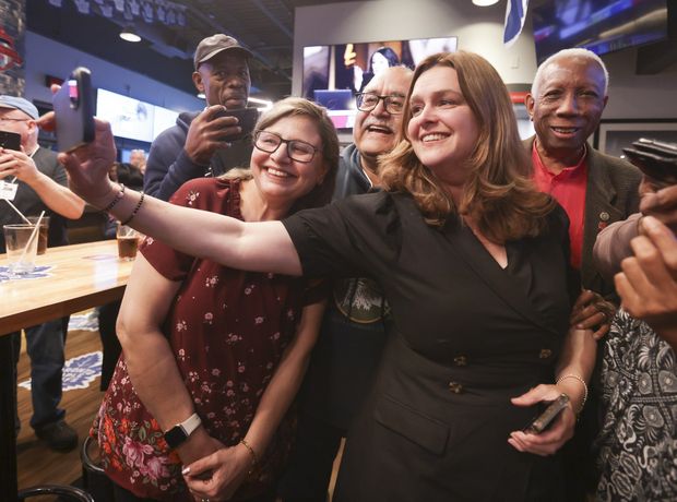 Jennifer McKelvie is greeted by well-wishers and campaign volunteers at a Boston Pizza location on Salem Rd. in Ajax on Monday, April 28, 2025.