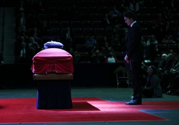 The funeral for former Mississauga mayor Hazel McCallion held at the Paramount Centre. (Pictured) Prime Minister Justin Trudeau bows his head at the memorial on Tuesday February 14, 2023. Jack Boland/Toronto Sun/Postmedia Network