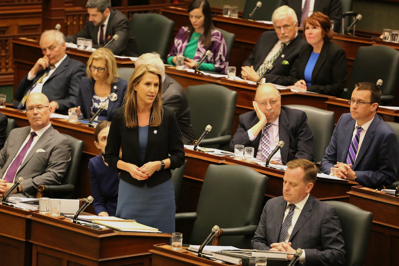 A woman stands in the legislature speaking, surrounded by listening colleagues.