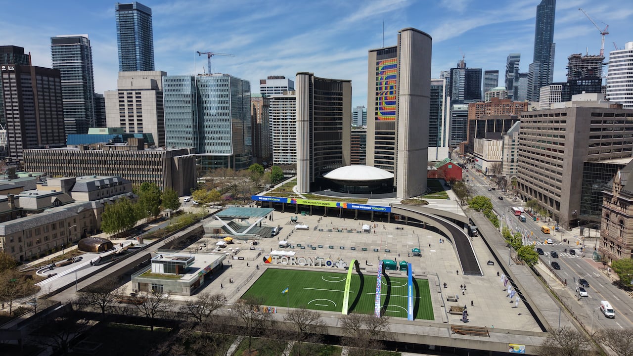 Aerial drone image of Toronto City Hall, Nathan Phillips Square with soccer pitch and FIFA World Cup 2026 decorations