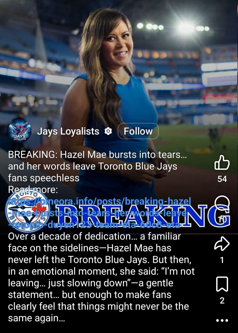 Fake news story about Blue Jays reporter and host Hazel Mae was shared to a team fan site on Facebook.
