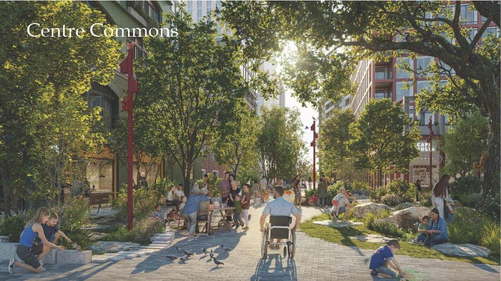 A rendering of a busy, lush and dense car-free street.