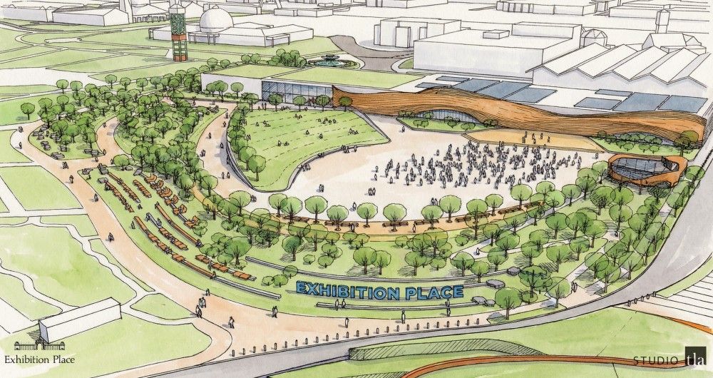 An artist rendering of a festival plaza as part of a future revitalization of the Exhibition Place grounds.