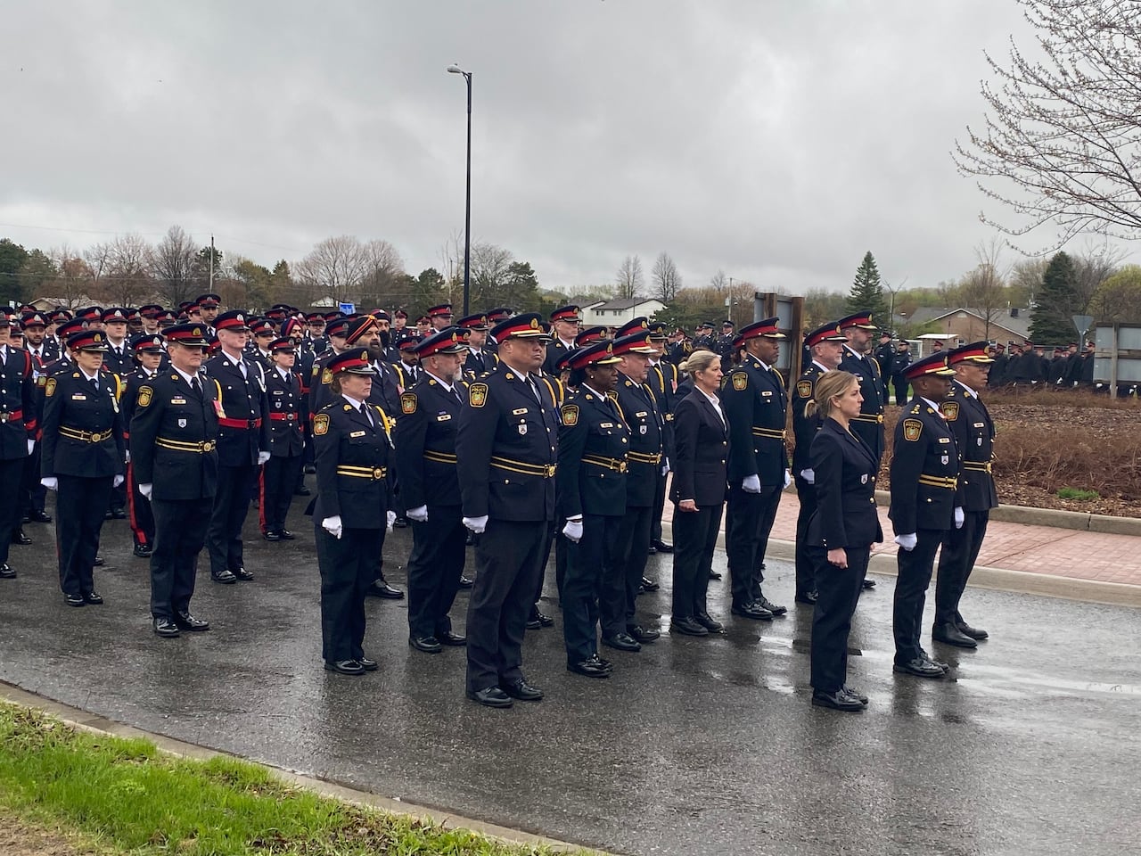 Police stand in ceremonial uniform in rows