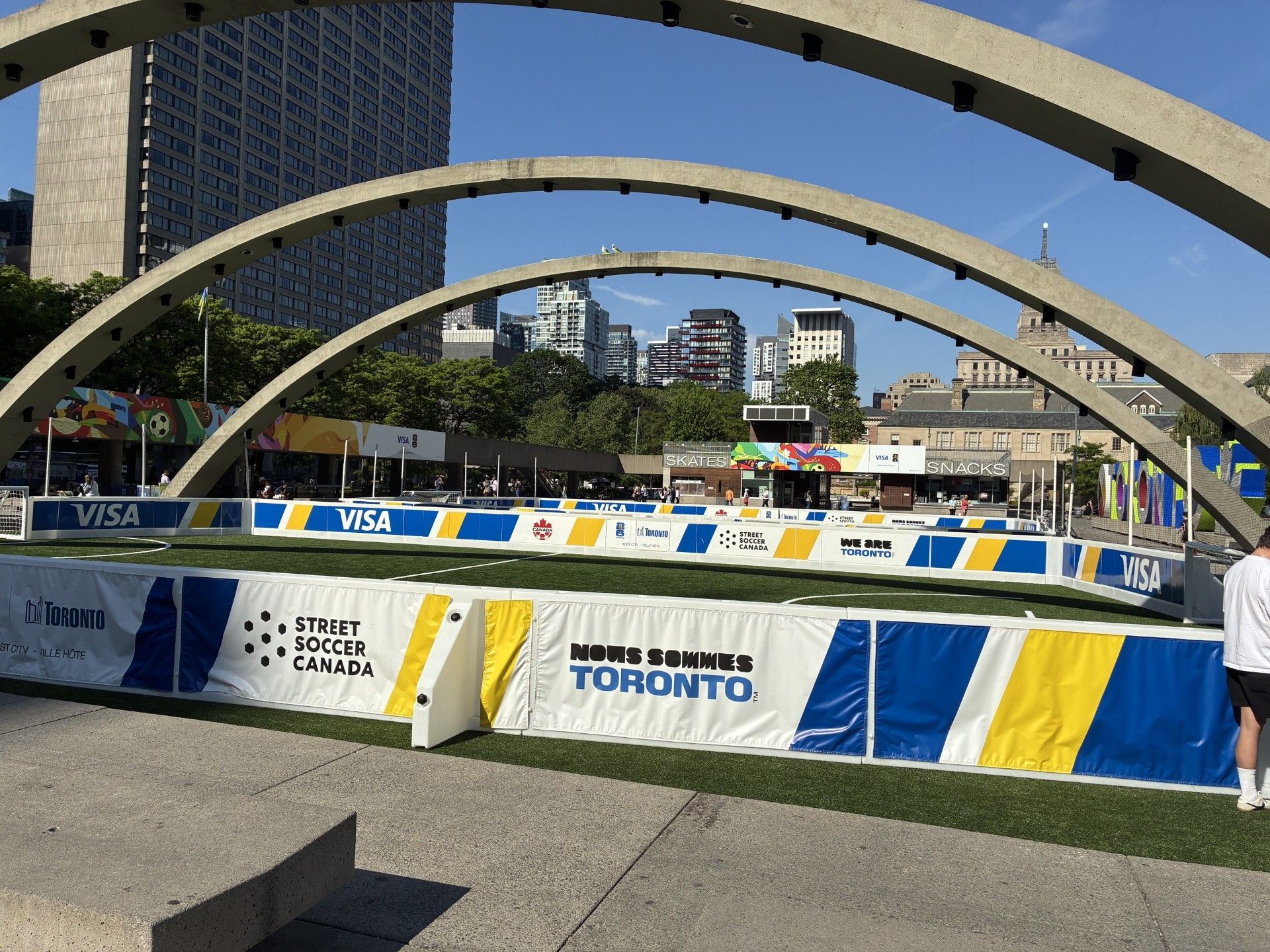 Soccer pitches at Nathan Phillips Square on Friday morning.