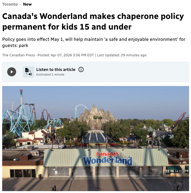 加拿大奇幻乐园新规 15岁以下没“监护人”禁入