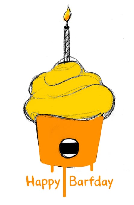 Illustration of a cake in the shape of US president Donald Trump’s head, with one candle sticking out of the top and the words “Happy Bardfday” underneath