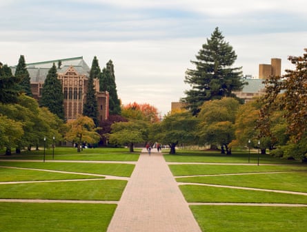 University campus with intersecting paths and students walking between buildings