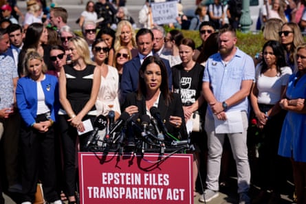 Attorney Brittany Henderson speaks at a news conference with alleged victims of disgraced financier and sex trafficker Jeffrey Epstein outside the US Capitol on 3 September 2025.