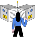 a student flipping through a book in the shape of a robot head