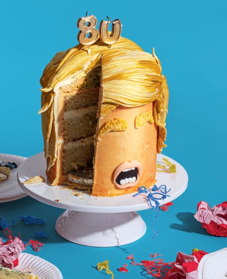 Illustration of US president Donald Trump’s head in the shape of a birthday cake, with a slice removed, with his age, 80, in number candles on his head