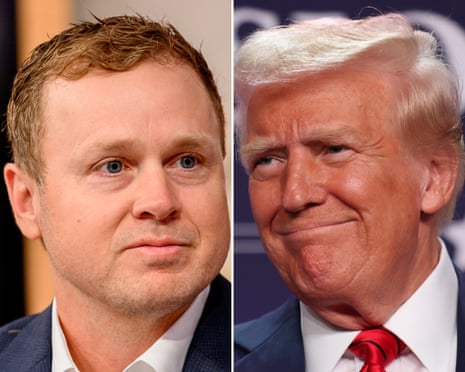 Pratt and Trump shown side by side, one younger with short brown hair, one older with white hair