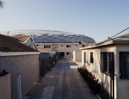 The Intuit Dome abuts apartment units in a residential neighborhood in Inglewood.