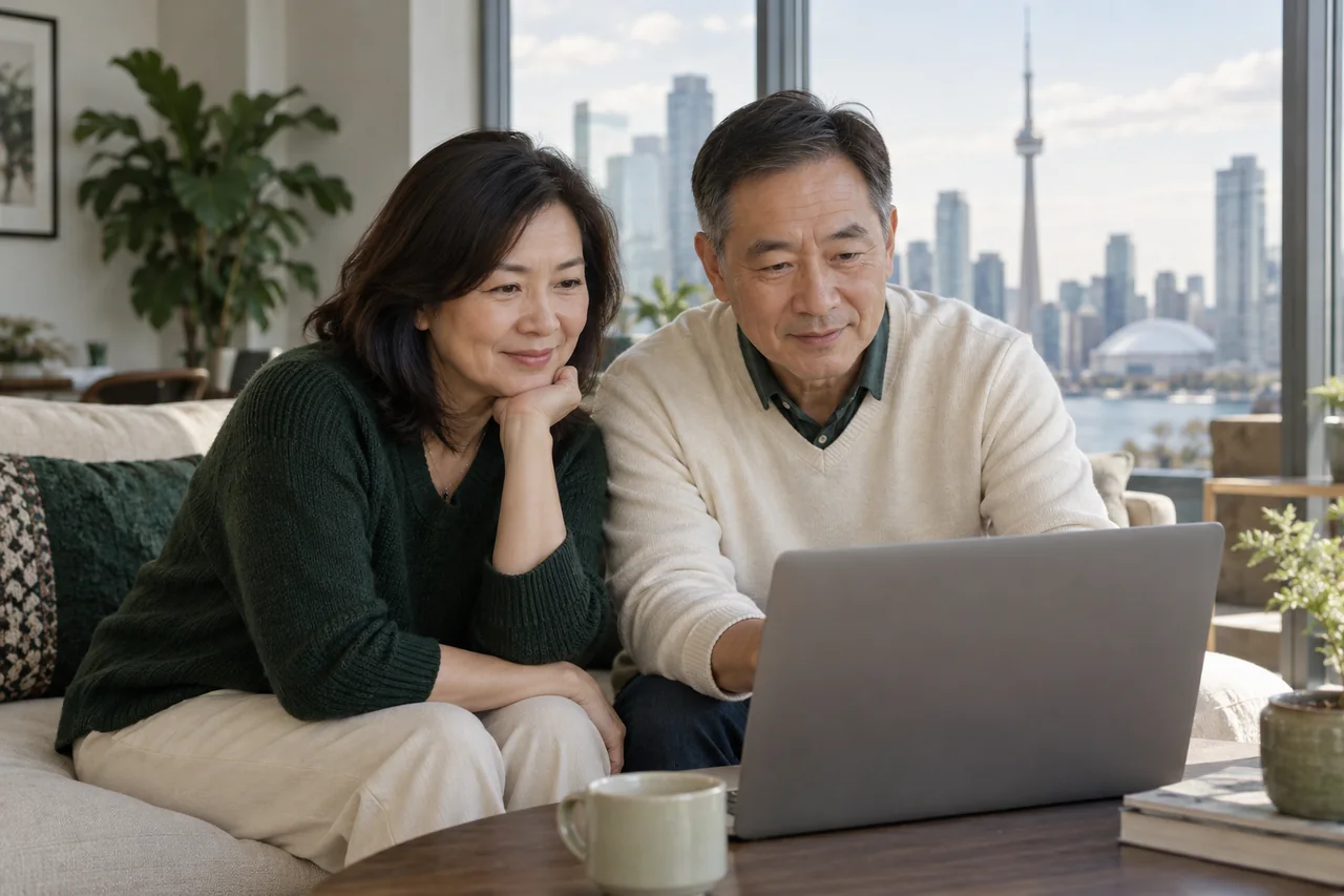 中年东亚男女在公寓里查看住房市场资讯